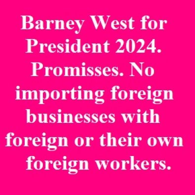 Barney West for President 2024. Promisses. No importing foreign businesses with foreign or the own foreign workers.